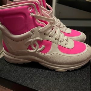 Neon pink/white Chanel high top trainers